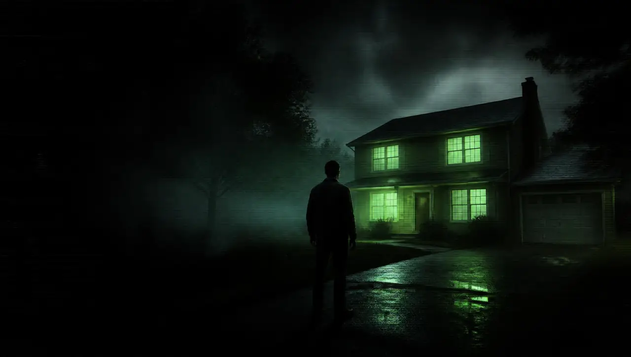 PARANOID: Michael standing before a suburban house with sickly green windows at night