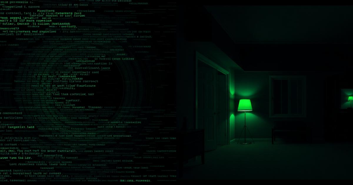 Split image: a glitching stream of AI-generated text beside a dim suburban room lit by a single green lamp